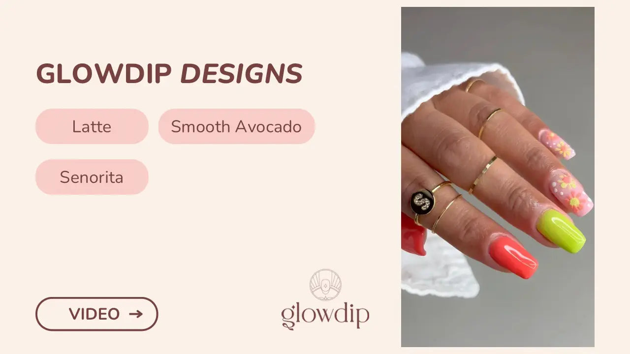 Hand met lange neon groene en koraalgekleurde nagels met delicate roze en gele bloemen voor artikel bloemenpalet