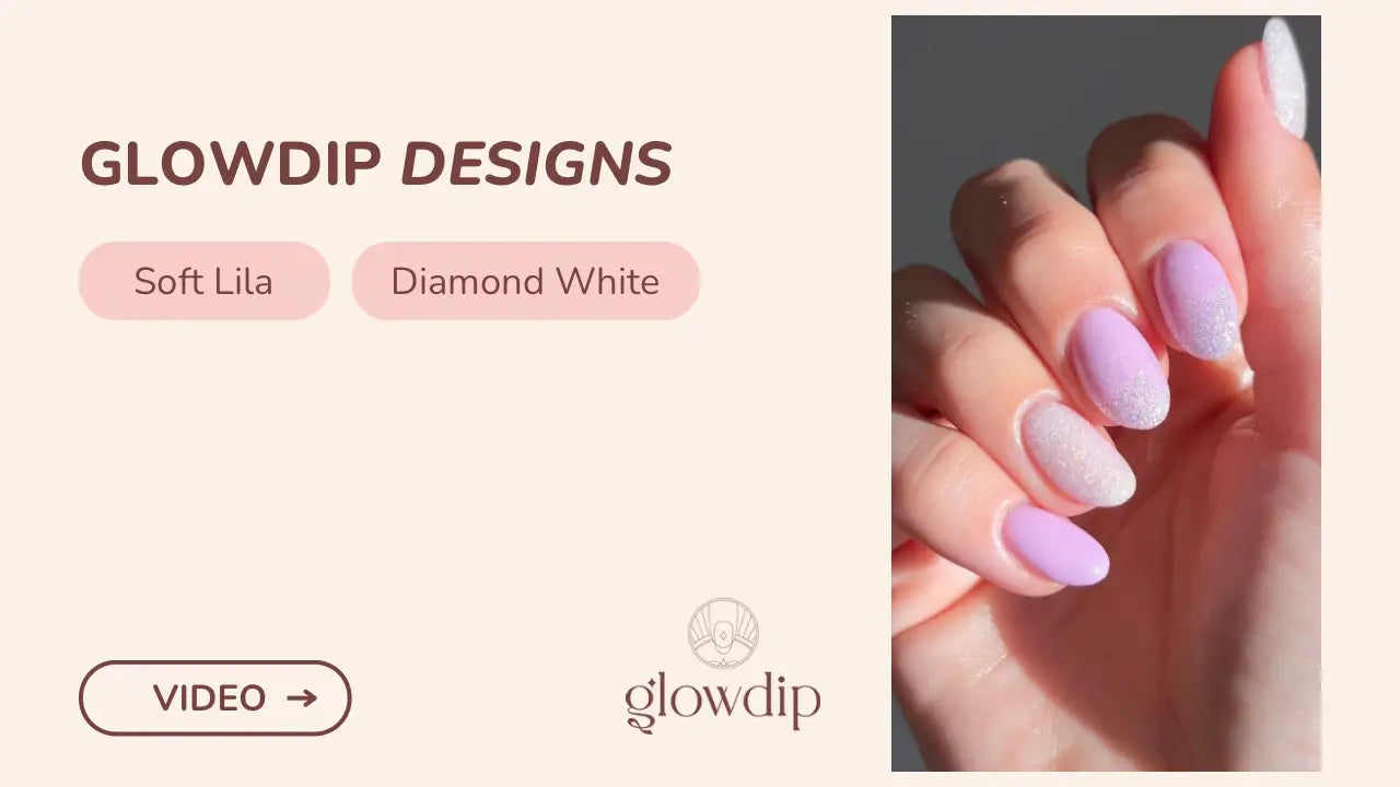 Soft lilac en diamond white glowdip designs nagellakset met glanzende dip poeder voor een koninklijke parel look