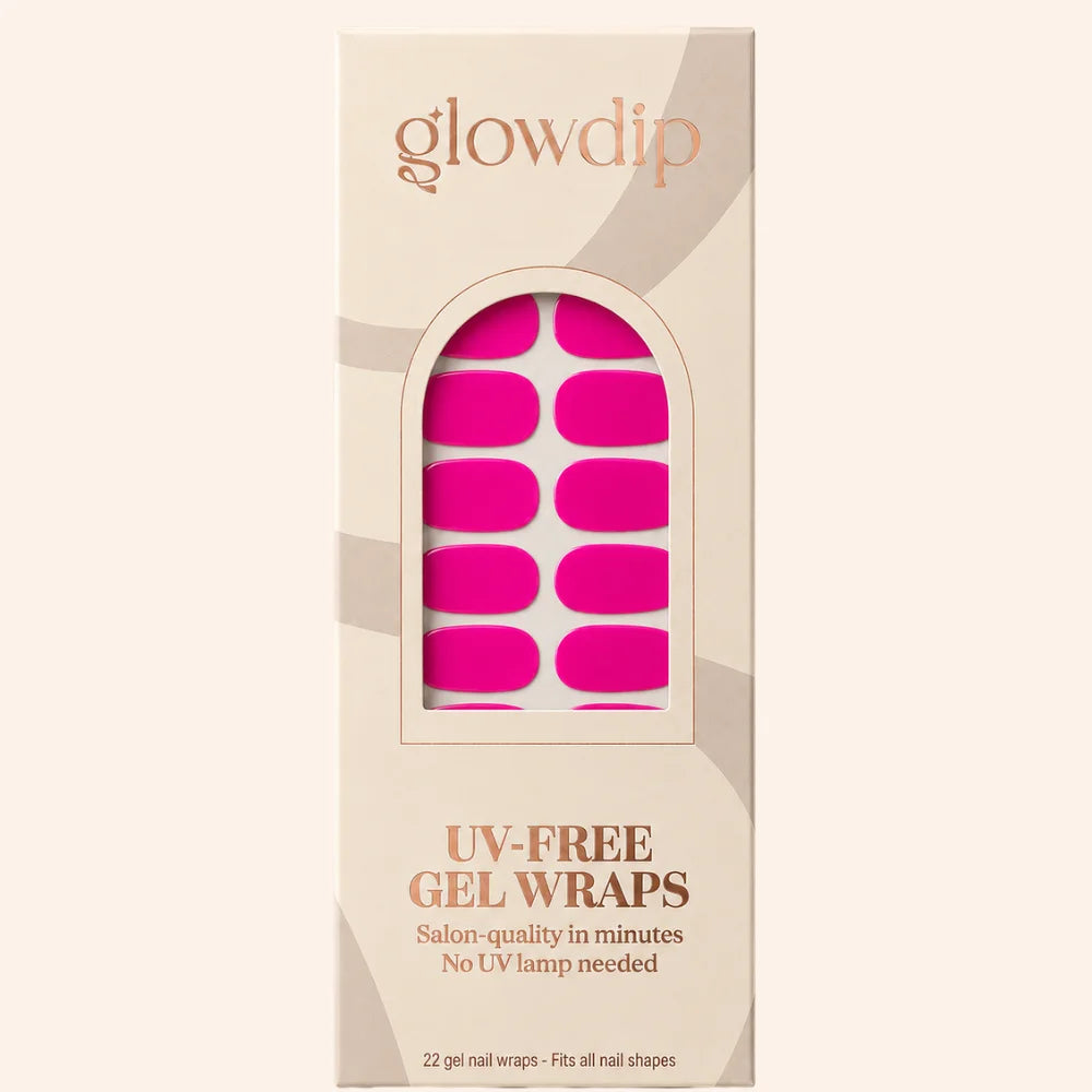 Bright fuchsia pink uv-free gel nail wraps in a beige box with glowdip branding fuchsia flame uv-free gel wrap