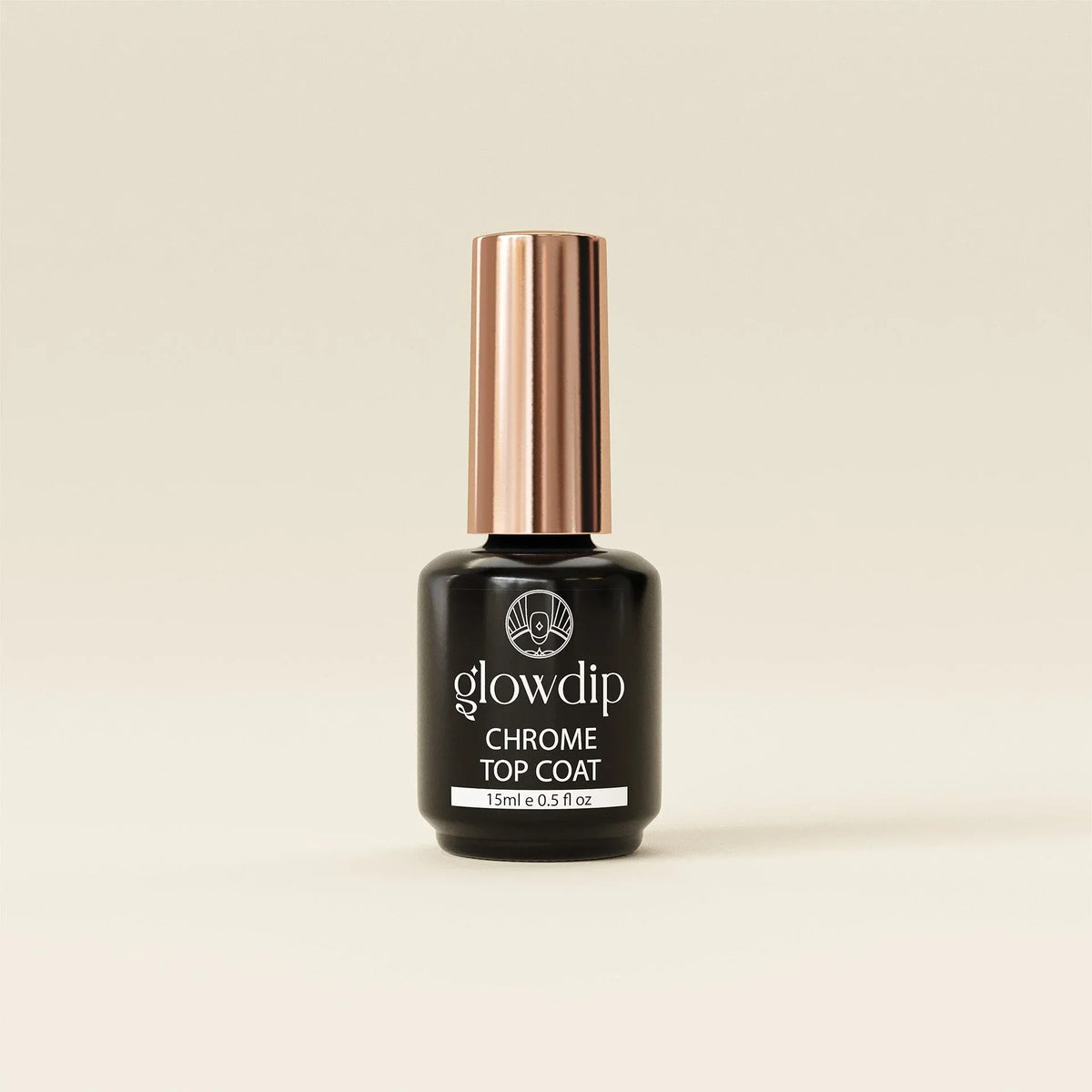 Een zwarte fles glowdip chrome top coat met een roségouden dop en witte etikettering uit de chrome powder bundle van 5 kleuren