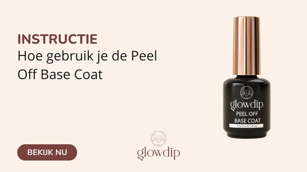 Glowdip peel off base coat zwarte fles met roségouden dop en witte etiket voor gebruik als peel off base coat