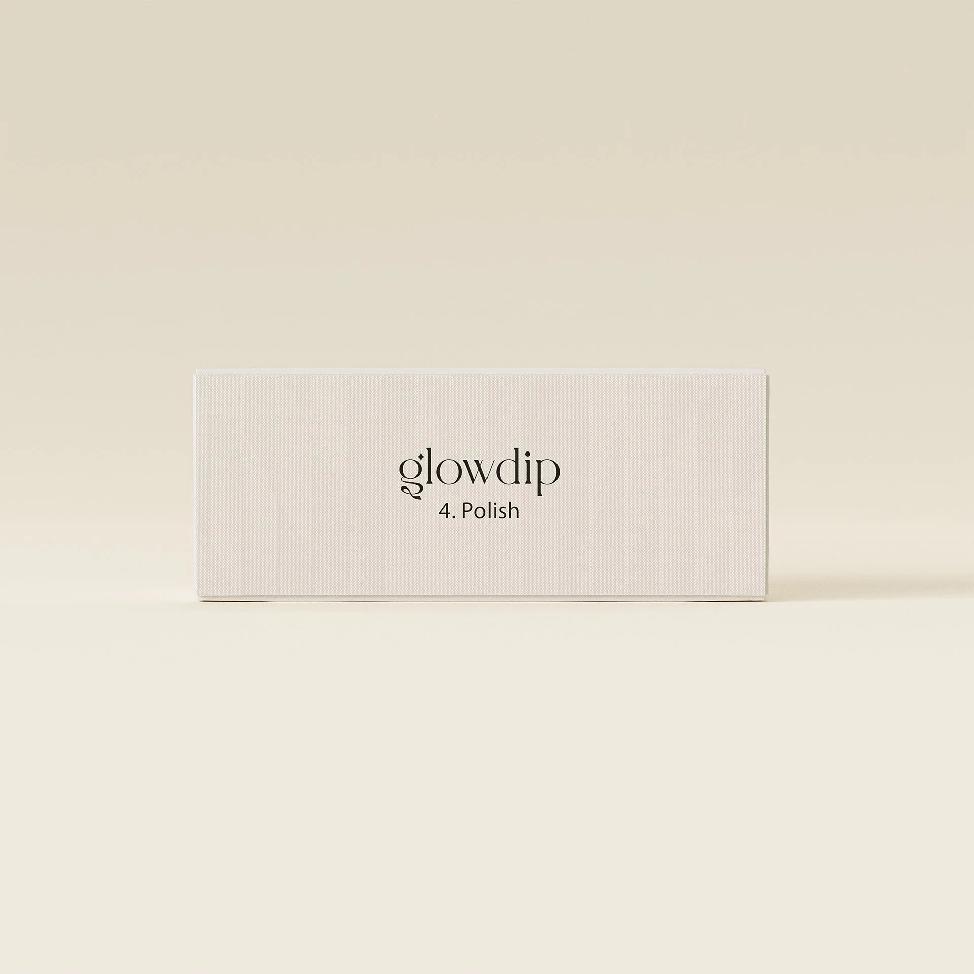 Minimalistische witte rechthoekige doos van glowdip met label 4 premium 4-in-1 buffervijl voor nagelverzorging