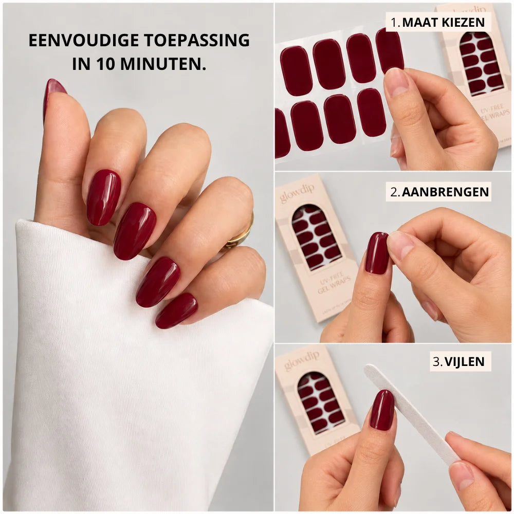 Burgundy uv-free gel wrap bundle featuring gel-like nail stickers in minimalist packaging with clear application instructions