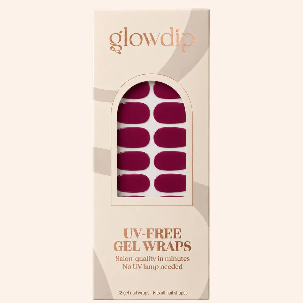 Een doos glowdip uv-vrije gel nagelwraps in diepe kersenrode kleur met 22 salonkwaliteit wraps voor alle nagelvormen
