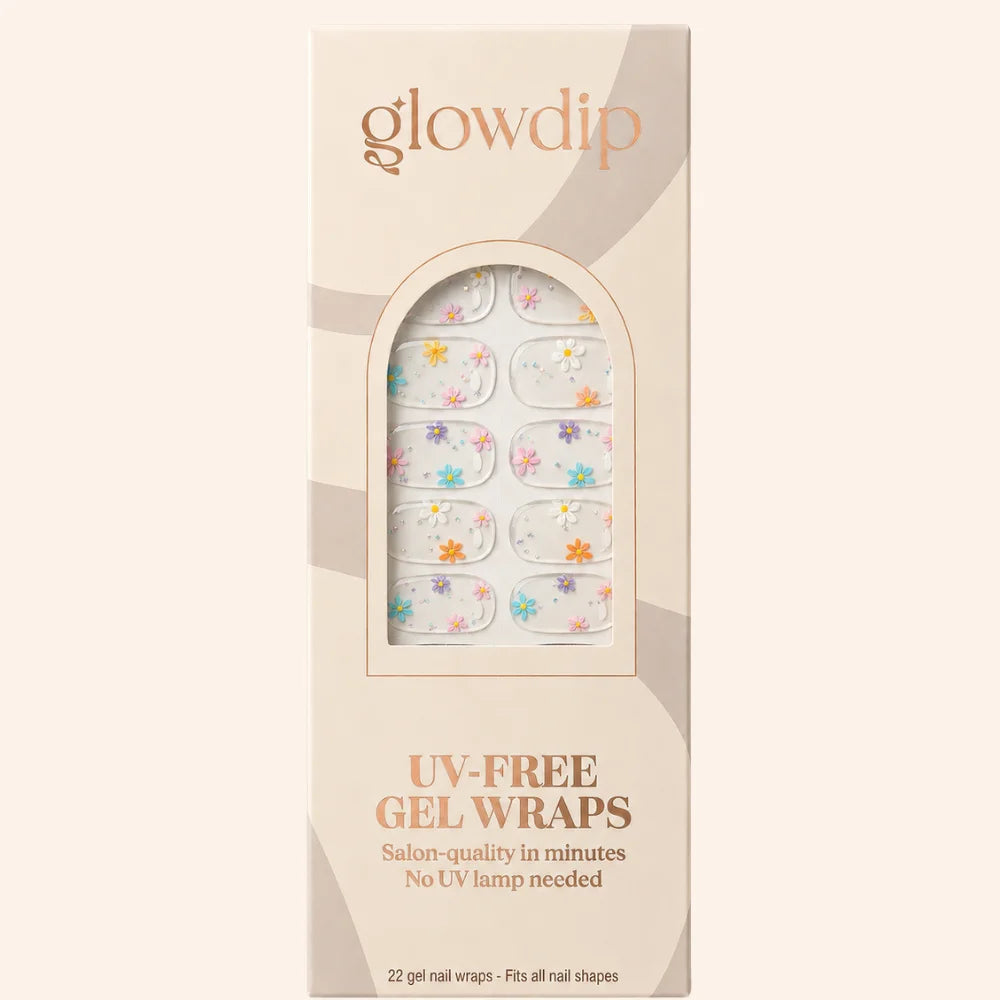 Beige doos met floral dream uv-free gel nagelwraps met kleurrijke bloemenontwerpen op heldere salonkwaliteit nagels