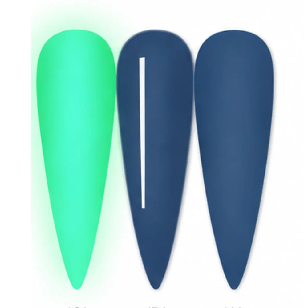 Drie kunstnageltips met neon groene glow en matte marineblauwe met witte verticale streep limited edition dipping powder