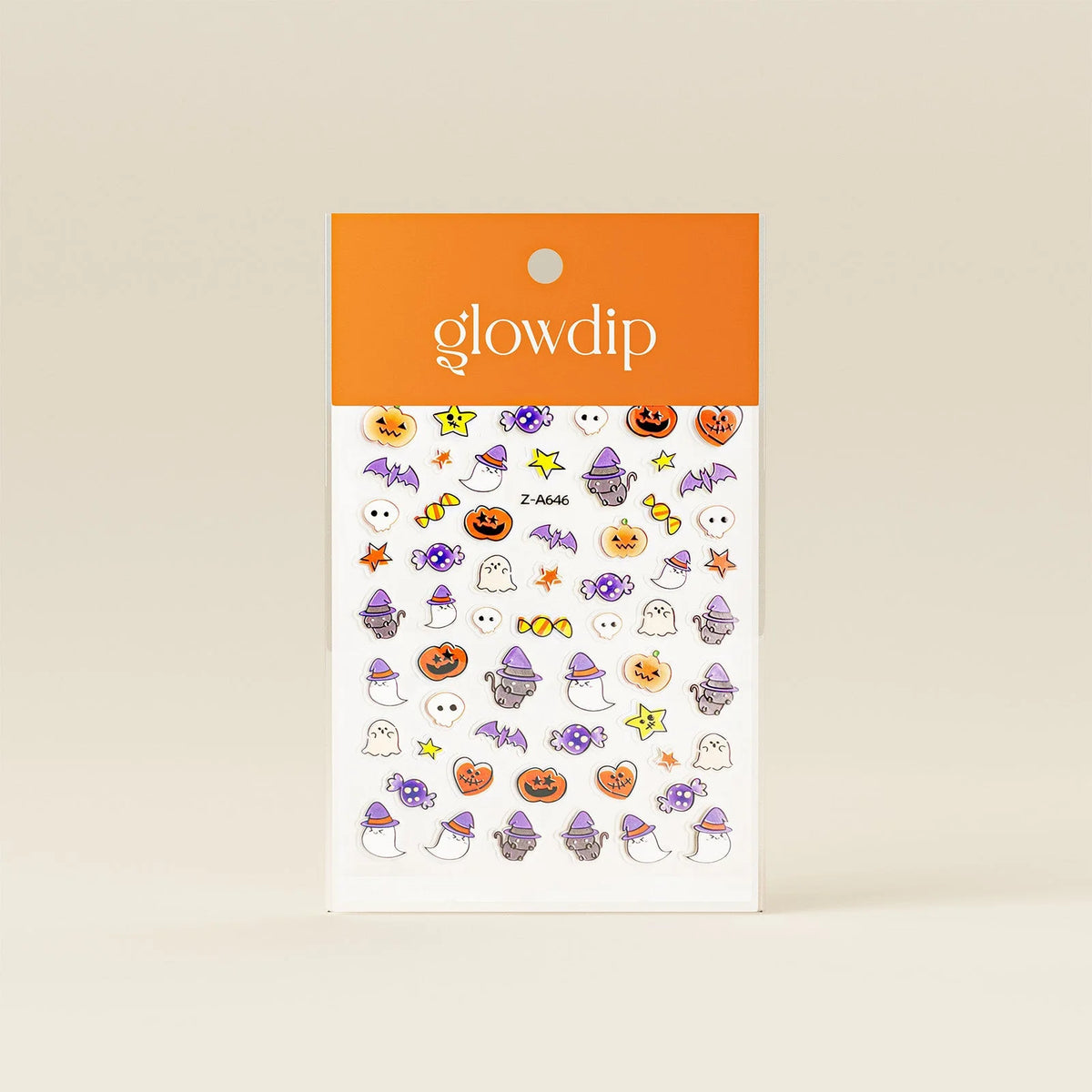 Halloween sticker sheet by glowdip with cute cartoon ghosts pumpkins bats and cats in orange purple white and yellow